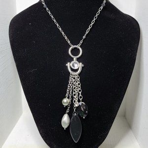 Lia Sophia Tassel Necklace Silver With Black Beads Versatile Statement Boho EUC